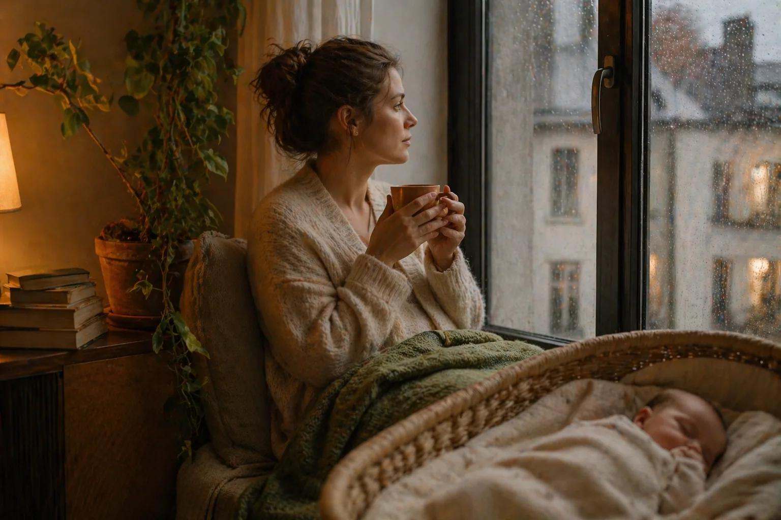 Jeune maman pensive avec son bébé — accompagnement post-partum à Bruxelles
