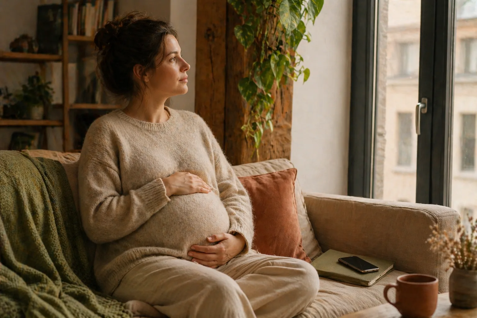 Future maman rencontrant sa sage-femme à domicile à Bruxelles pour un premier échange