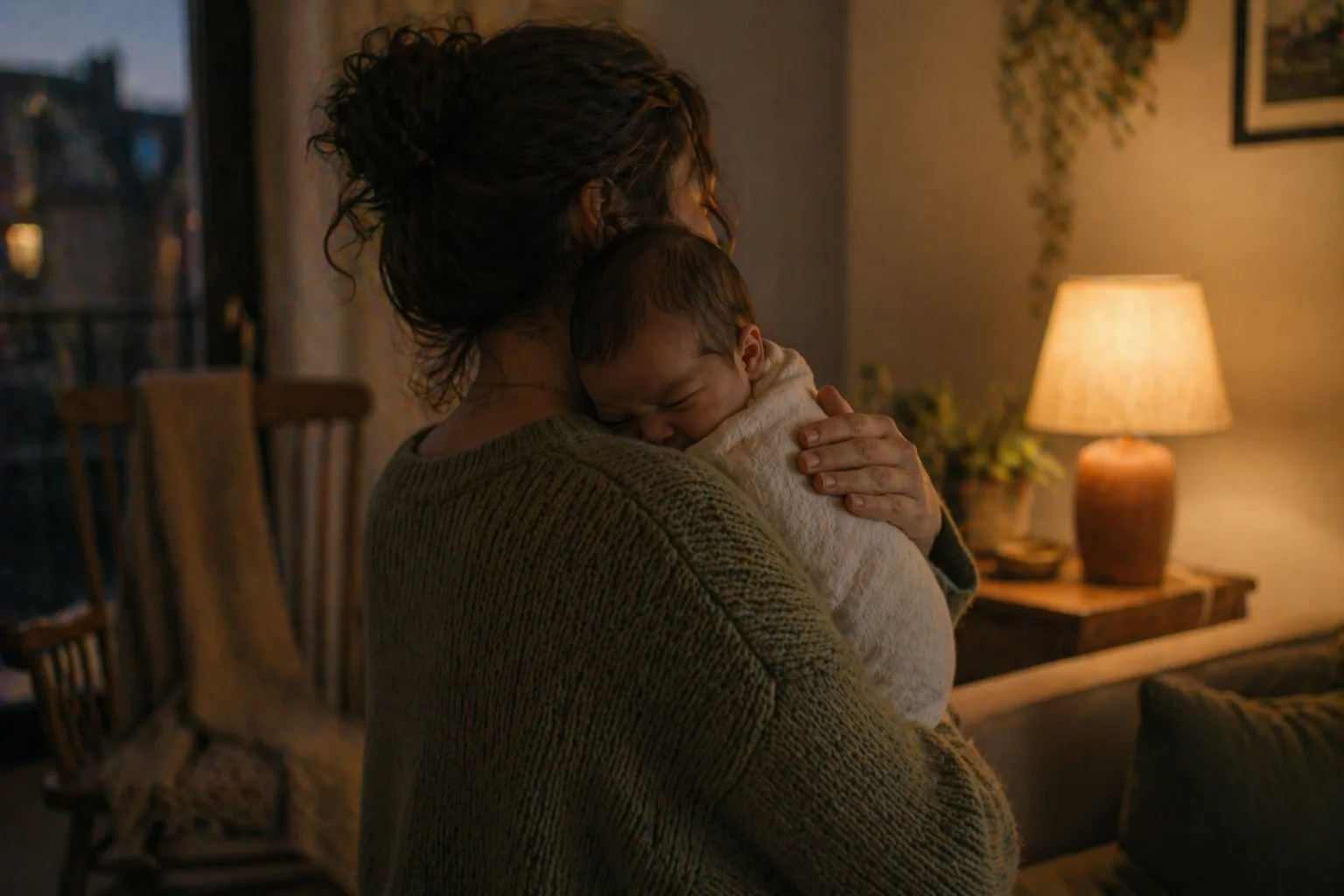 Papa berçant son bébé en peau-à-peau pour soulager ses coliques à Bruxelles