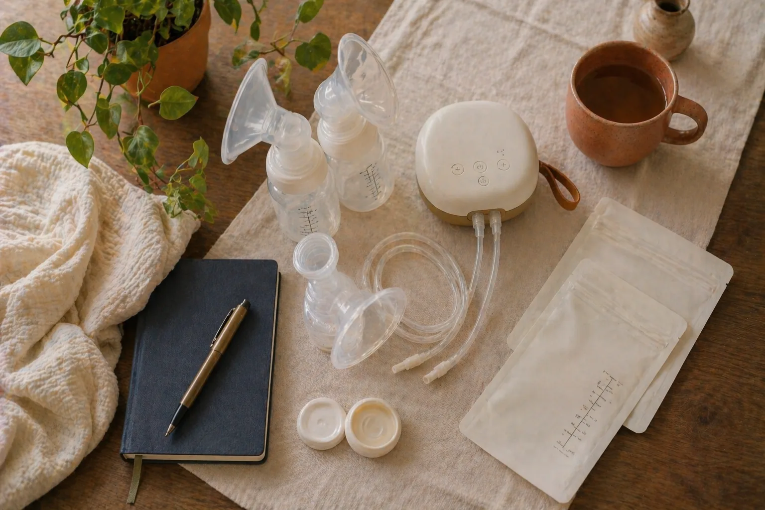 Maman utilisant un tire-lait électrique à domicile à Bruxelles avec conseils d'une IBCLC