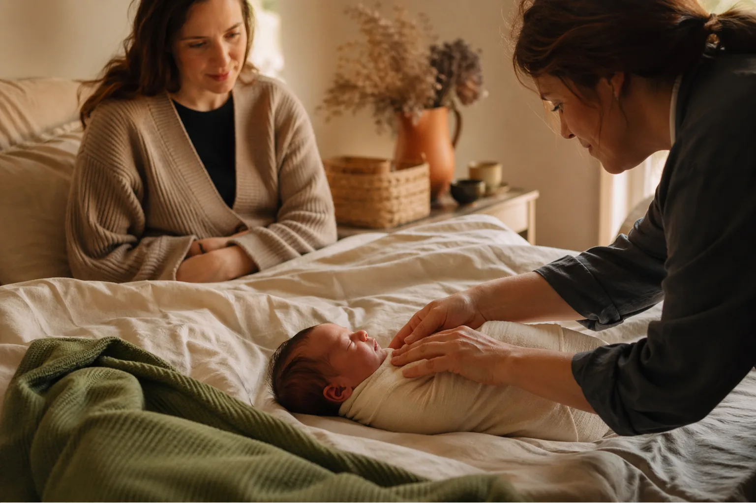 Sage-femme à domicile avec une jeune maman et son bébé à Bruxelles